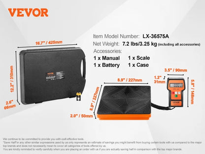VEVOR Refrigerant Scale 110/220 LBS HAVC Charging Recovery Freon Scale with Wired Remote Control 2/5g High Precision Electronic