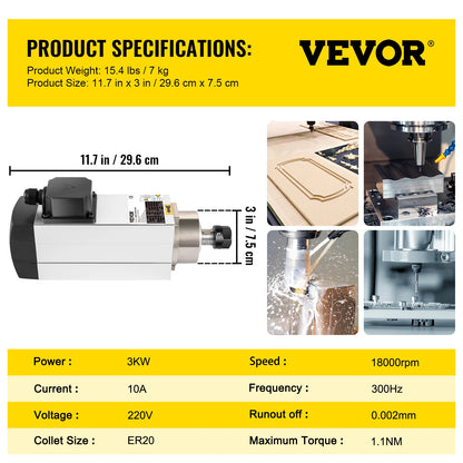VEVOR Air Cooled Spindle Motor 0.8KW/1.5KW/2.2KW/3KW/ 4KW ER11/ER20/ER25 Collect for CNC Router Engraving Milling Machine Use