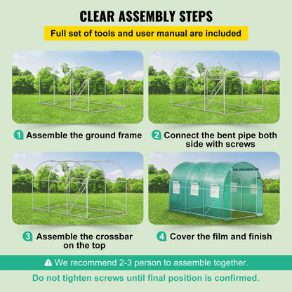 VEVOR 12 x 7 x 7 ft Walk-in Tunnel Greenhouse Portable Plant Hot House with Galvanized Steel Hoops 1 Top Beams 2 Diagonal Poles
