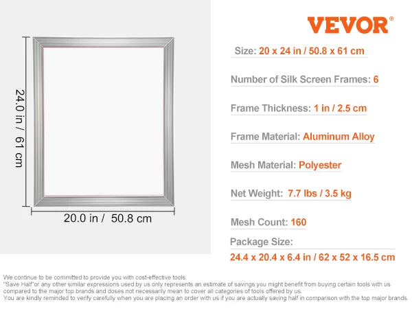 VEVOR 20x24inch Screen Printing Kit Aluminum Silk Screen Printing Frames Silk Screen Printing Frame with High Tension Nylon Mesh