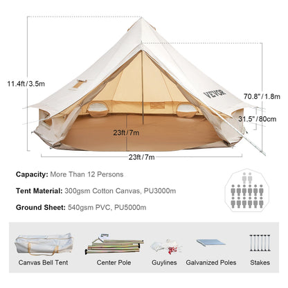 VEVOR Camping Tent 3-7m Waterproof Cotton Canvas Bell Tent Outdoor 4 Seasons Family Party Picnic Yurt W/ Stove Hole4-12 Person