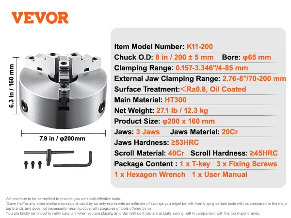 VEVOR 3-Jaw Lathe Chuck 100/125/160/200/250 mm Self-Centering Lathe Chuck Multiple Clamping Range for Lathe 3D Printer Machining