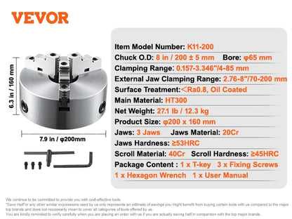 VEVOR 3-Jaw Lathe Chuck 100/125/160/200/250 mm Self-Centering Lathe Chuck Multiple Clamping Range for Lathe 3D Printer Machining