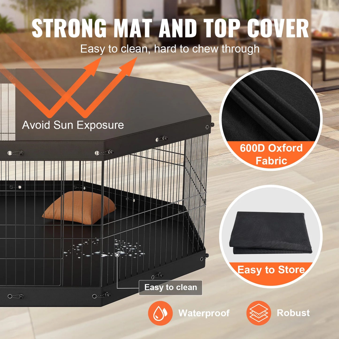 VEVOR Dog Playpen 8 Panels Foldable Metal with Top Cover and Bottom Pad 24" H Dog Pen for Small Medium Pets for Camping Yard