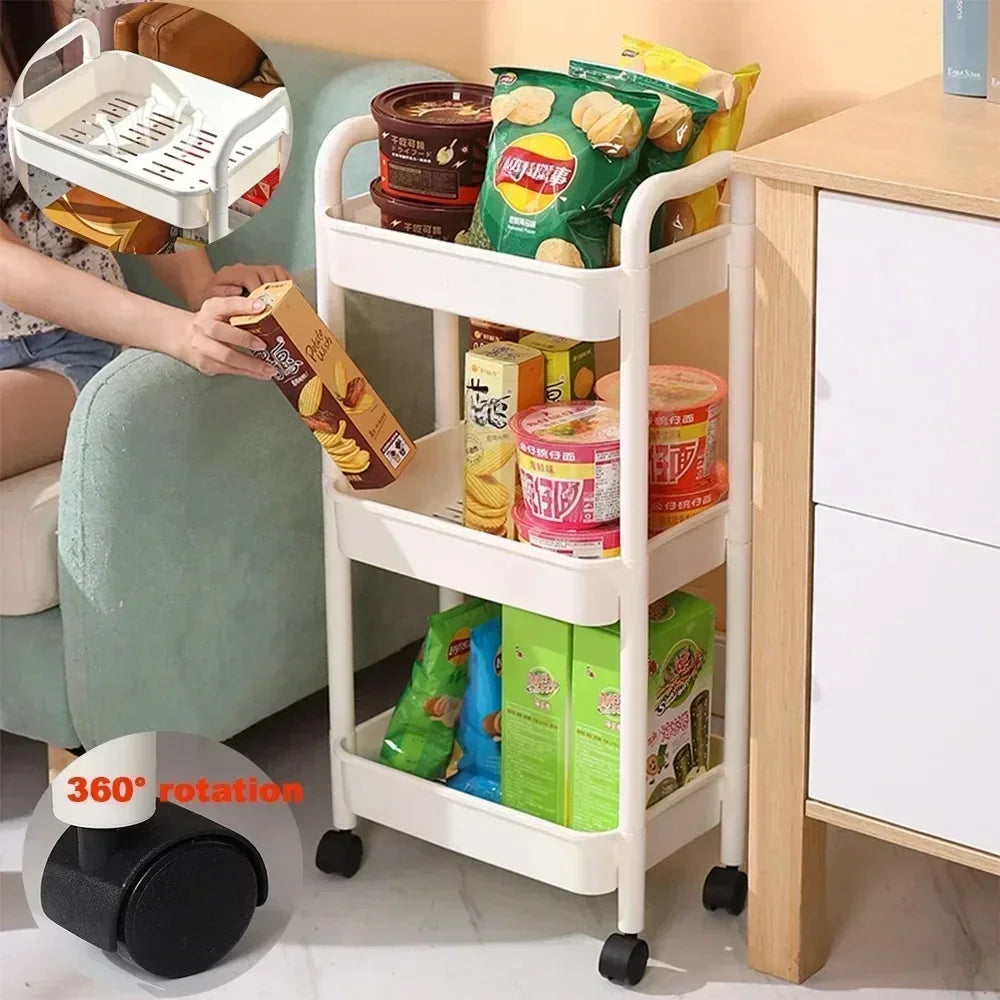 3/4/5 Tier Rolling Utility Cart with Hooks Book Storage Rack with Brakes Easy Assembly for Kitchen, Office, Bathroom