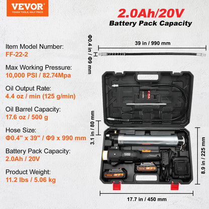 VEVOR 10000PSI 20-Volt Cordless Electric Grease Gun Kit Battery Powered with Two Batteries Carrying Case Charger Included