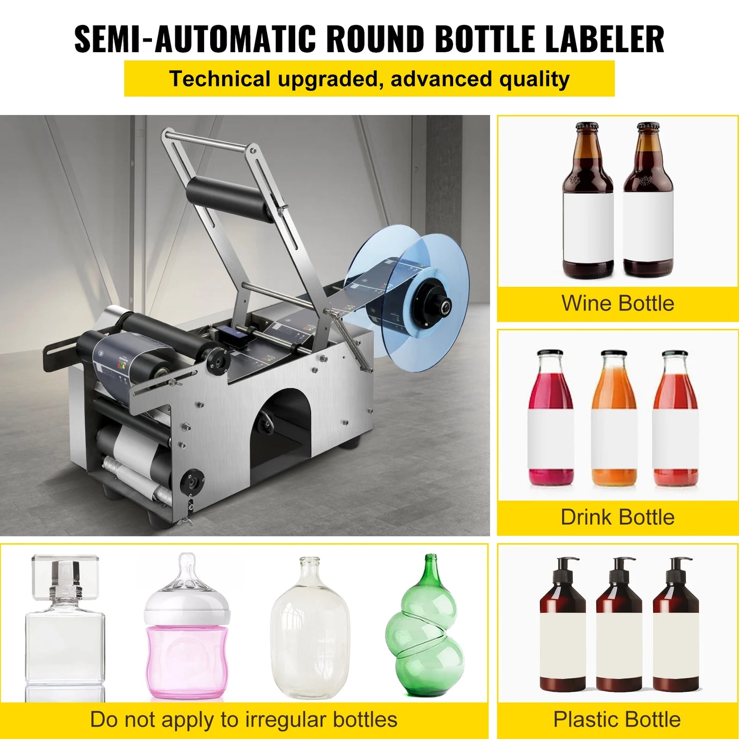 VEVOR MT-50 Semi-Automatic Bottle Labeling Machine Electrical Adhensive Printer With Round for PET Plastic Glass Metal Bottle