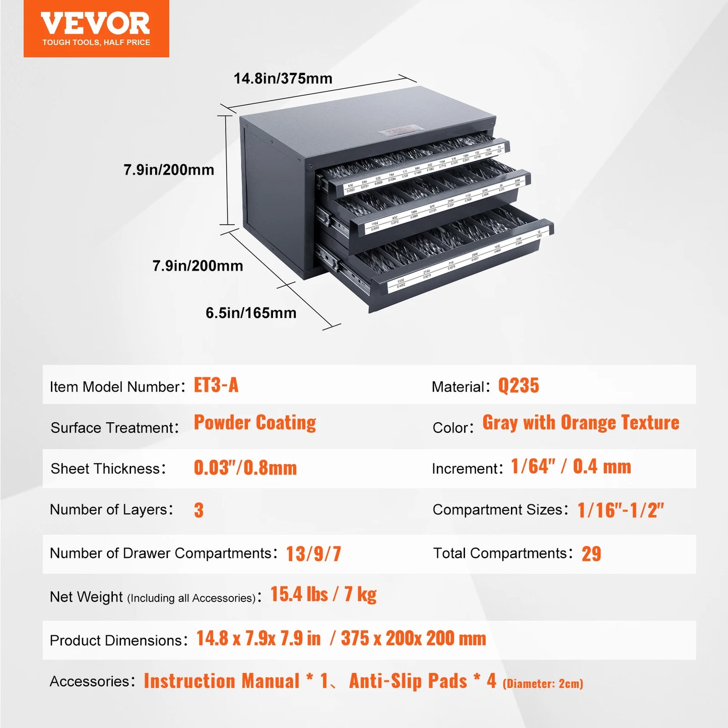 VEVOR Drill Bit Dispenser Cabinet Three-Drawer Drill Bit Organizer Cabinet Steel Drill Dispenser Organizer Cabinet Storage