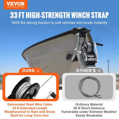 VEVOR Hand Winch Heavy Duty Rope Crank with 33 ft Steel Wire Cable and Two-Way Ratchet for Trailer Boat or ATV Towing