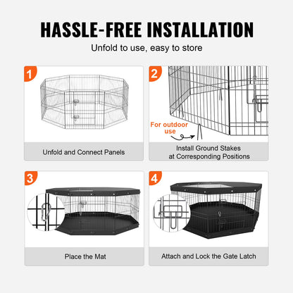 VEVOR Dog Playpen 8 Panels Foldable Metal with Top Cover and Bottom Pad 24" H Dog Pen for Small Medium Pets for Camping Yard