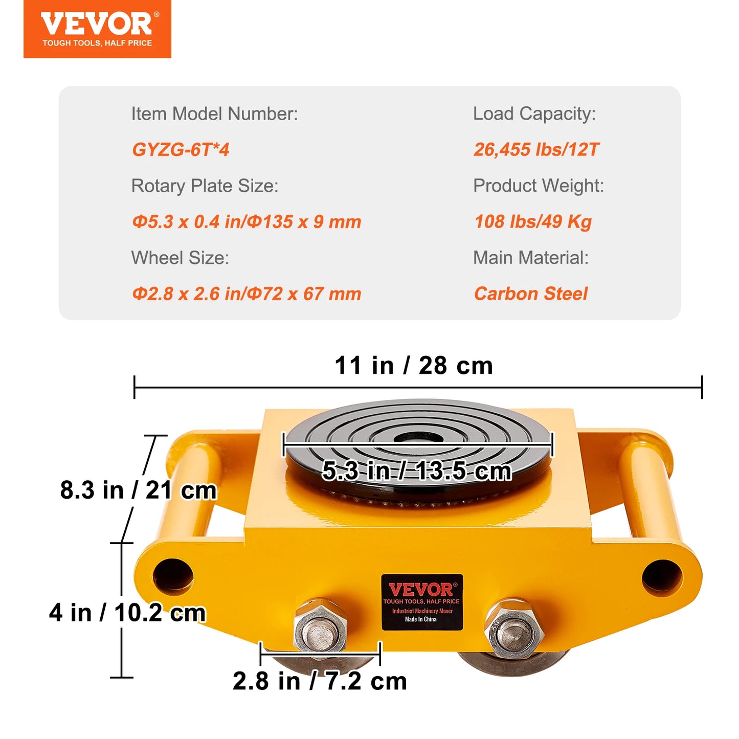 VEVOR 6T Machinery Skate Dolly Industrial Mover with 4 PU Wheels and 360° Rotation Non-Slip Cap for Warehouse Workshop Factory