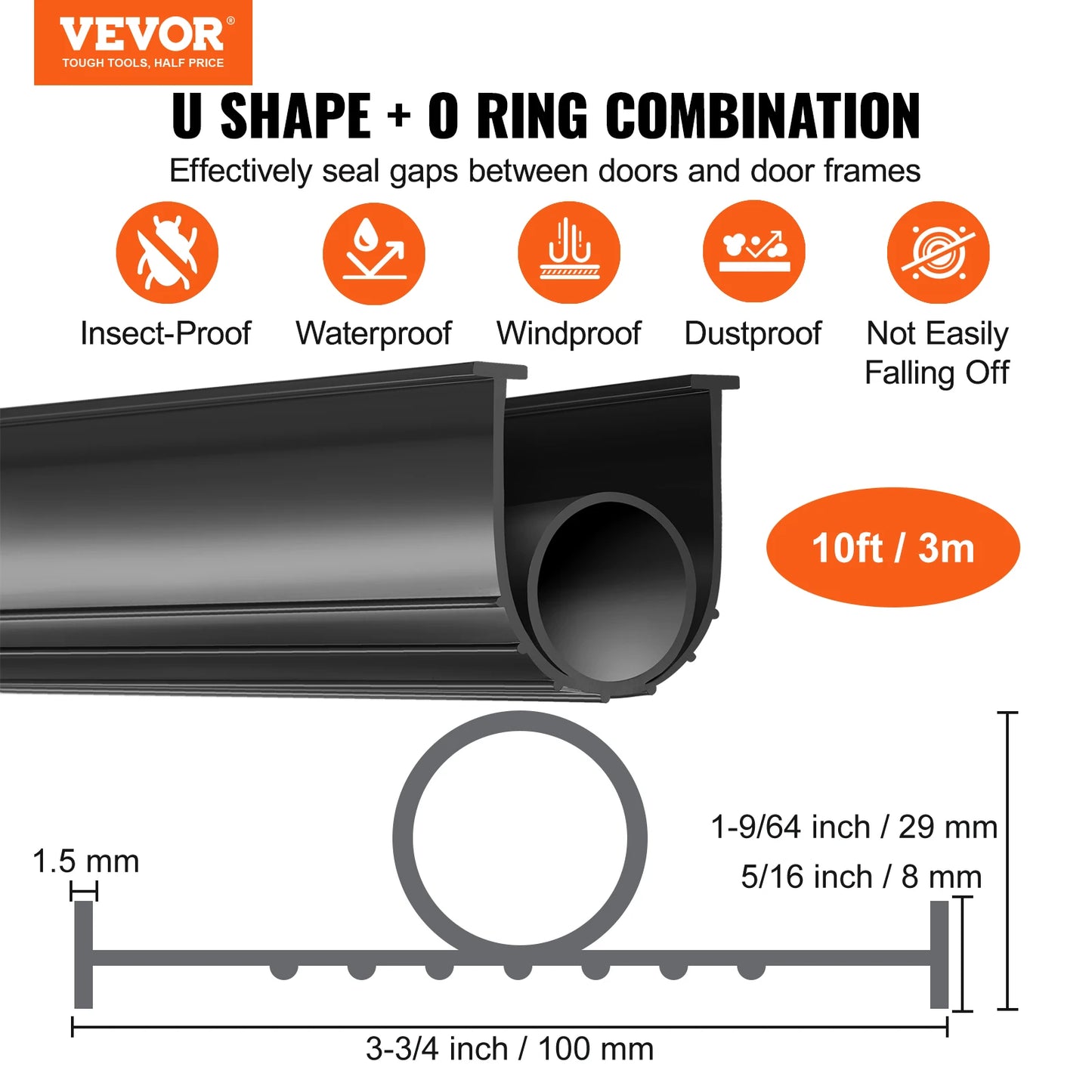 VEVOR 3m 4.8m 6m Garage Door Seals Bottom Rubber U Shape +O Ring Garage Door Weather Stripping Universal Weatherproof Rubber