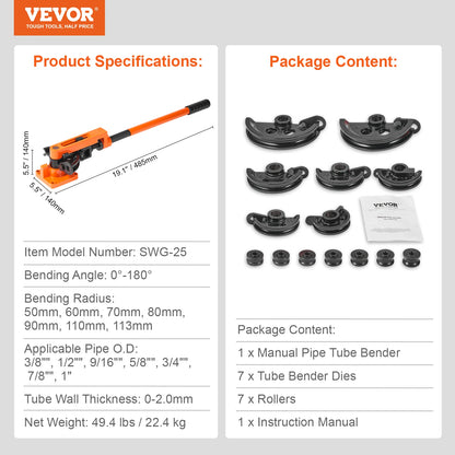 VEVOR Manual Pipe Bender 7 Bending Dies Multifunction Steel Copper Tube Bending Machine Lever Type Heavy Duty Tube Bender Tools