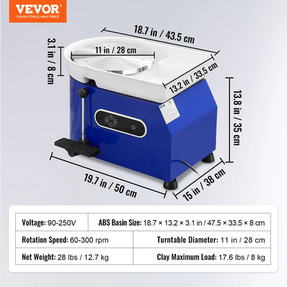 VEVOR 11in Pottery Wheel Ceramic Forming Machine Adjustable 60-300RPM Speed Handle and Foot Pedal Control ABS Detachable Basin