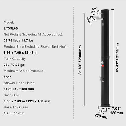VEVOR Outdoor Solar Heated Shower 35/40L Shower Kit with Head and Foot Tap Double Buckle for Outdoor Backyard Poolside Beach Spa