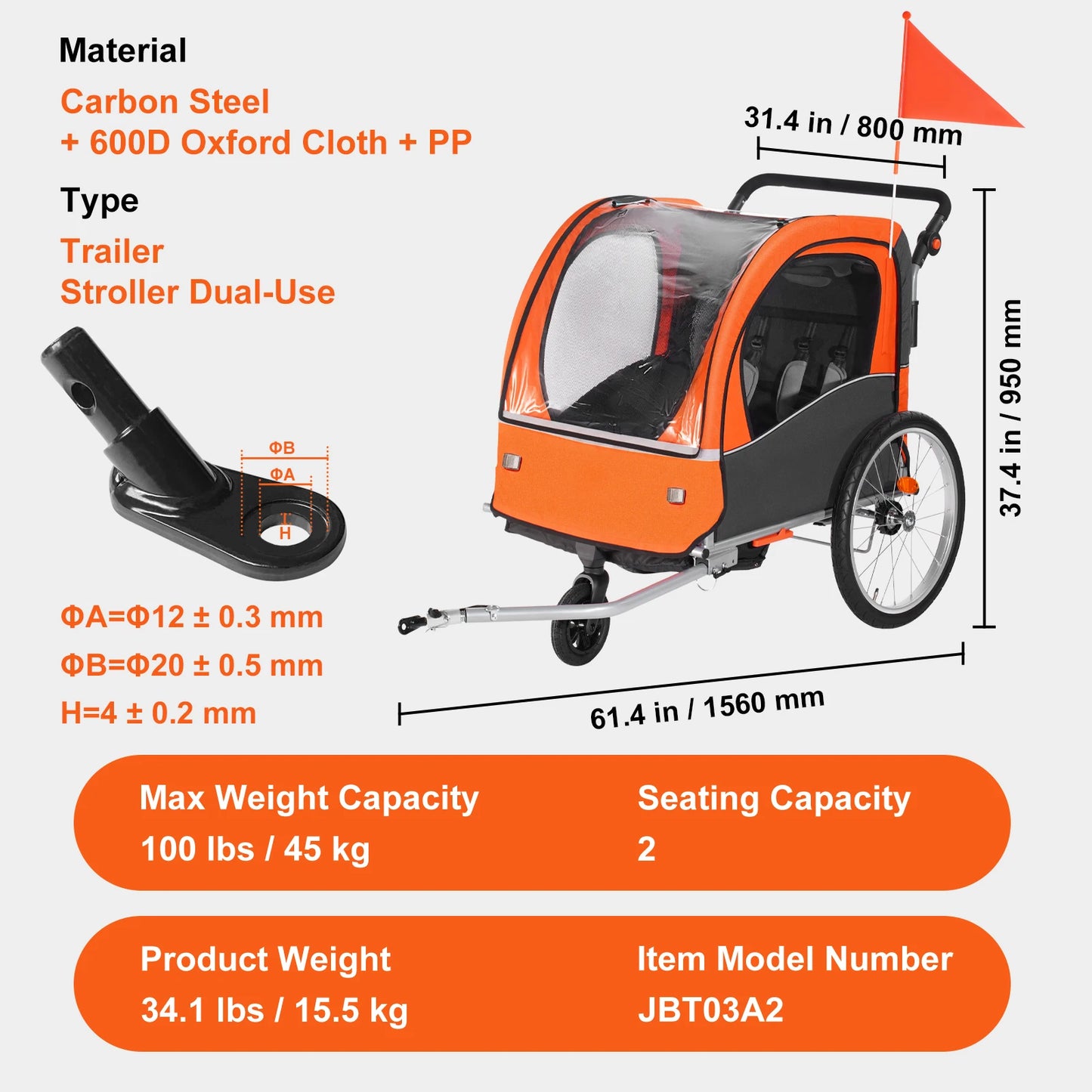 VEVOR 88/100 lbs Child Bike Trailer Double Seat Carrier Converts to Stroller Foldable Children Bicycle Trailer for Toddlers Kids