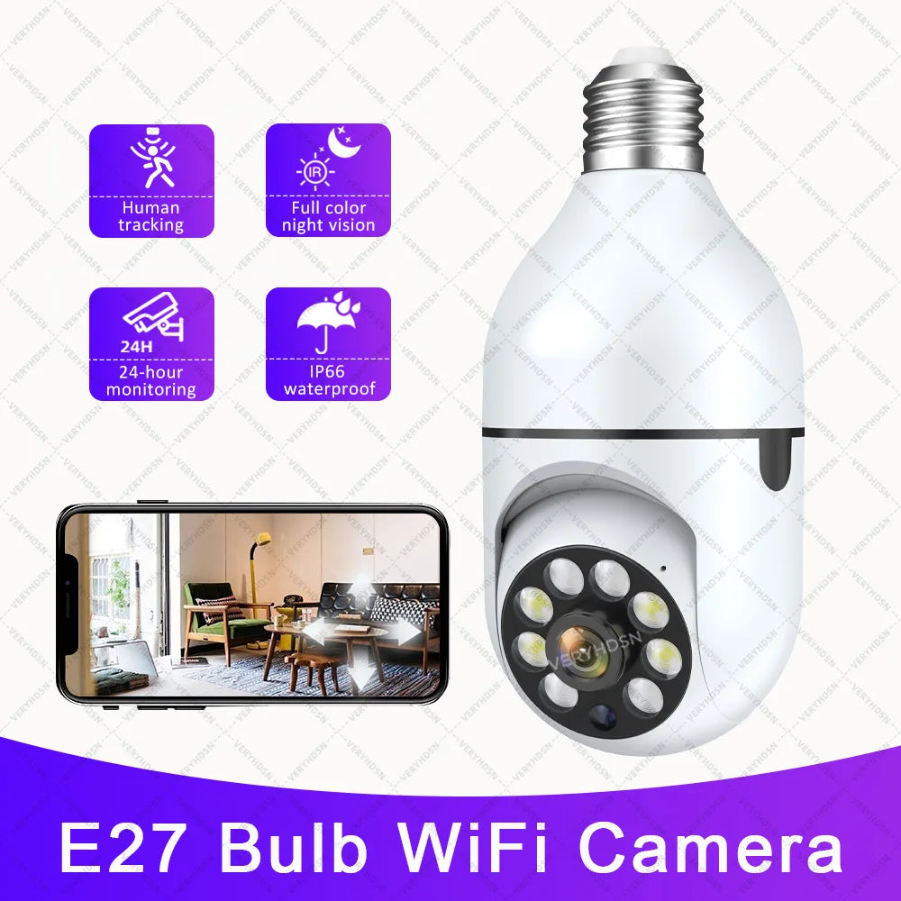 Telecamera IP WiFi da 3 MP Lampadina E27 Telecamere di sorveglianza per interni con visione notturna a colori Zoom digitale 4X HD PTZ AI Rilevamento del movimento umano Monitor