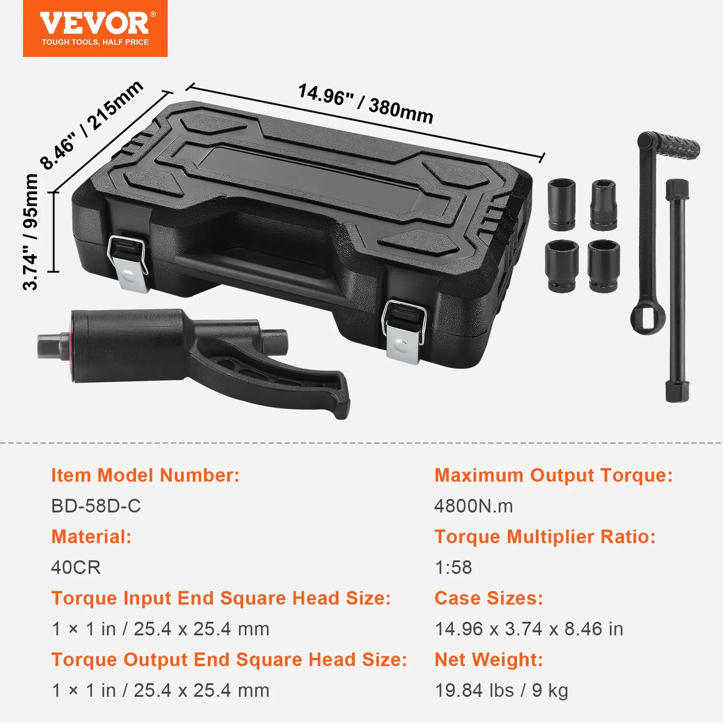 VEVOR 1/58 1/64 Torque Wrench Set 4/8 Socets Multiplier Drive Lug Nut Wrench/Multiplier Heavy Duty Torque Multiplier with Case