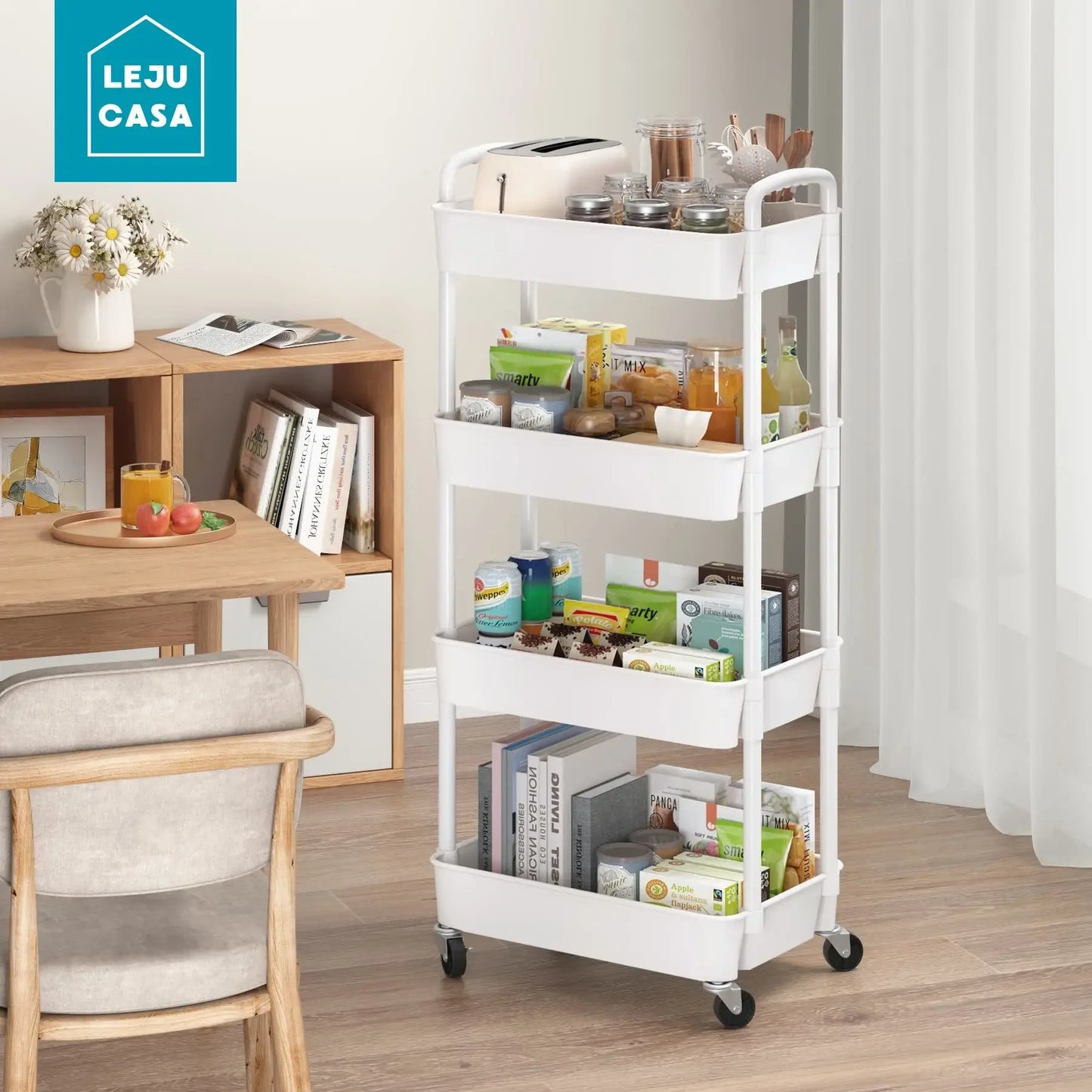 3/4/5 Tier Rolling Utility Cart with Hooks Book Storage Rack with Brakes Easy Assembly for Kitchen, Office, Bathroom