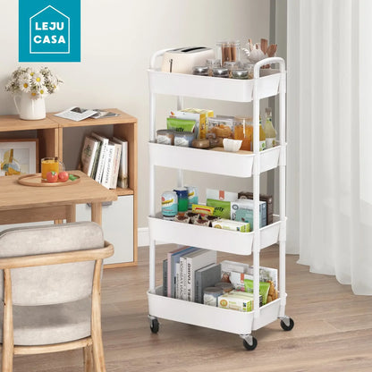 3/4/5 Tier Rolling Utility Cart with Hooks Book Storage Rack with Brakes Easy Assembly for Kitchen, Office, Bathroom