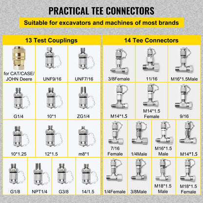 VEVOR Hydraulic Pressure Test Kit 10/100/250/400/600bar 5 Gauges 13 Test Couplings 14 Tee Connectors 5 Test Hoses w/Sturdy Case