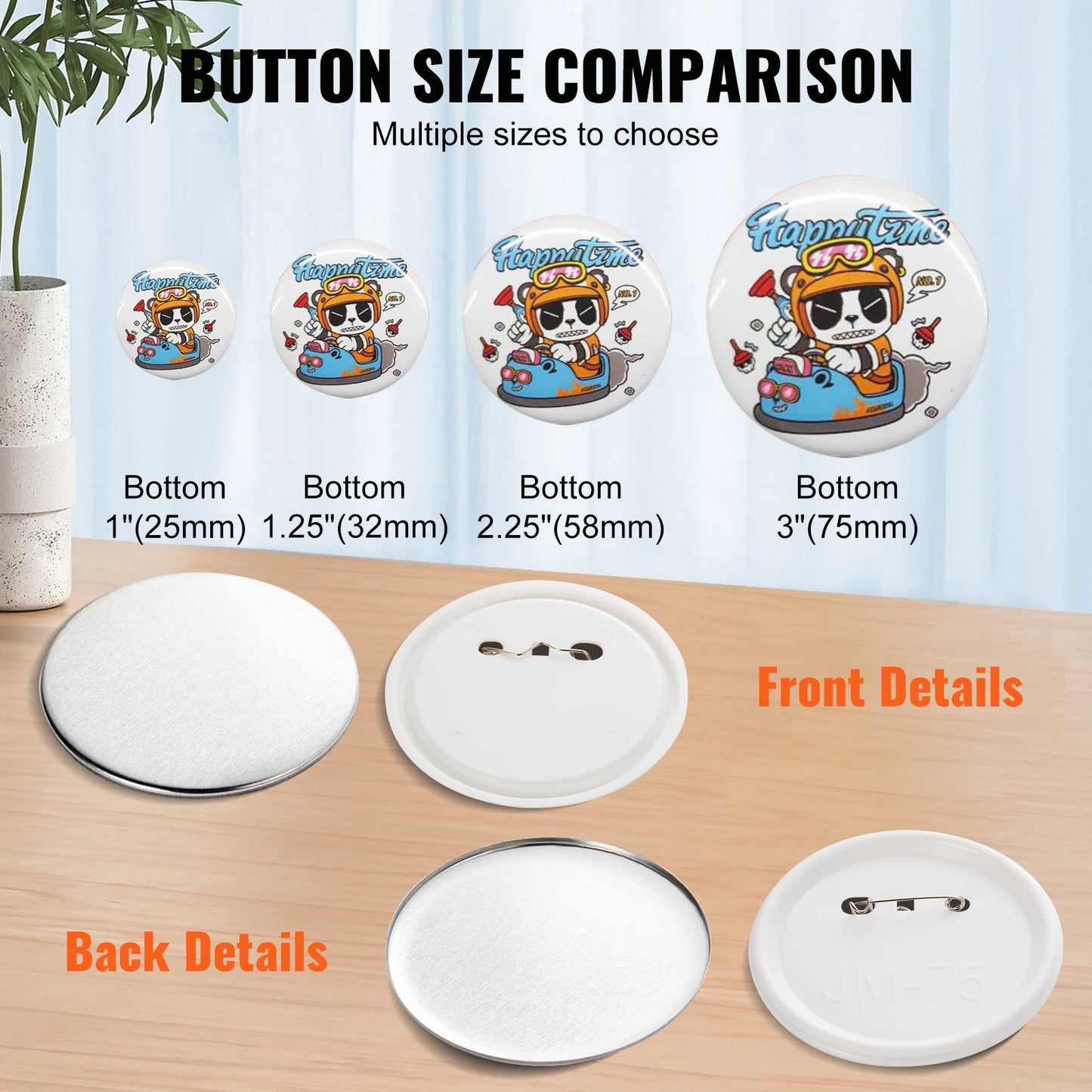 VEVOR 25/32/58/75mm Button Badge Parts Supplies for Button Maker Machine 200/500Sets Metal and Plastic Pin Badges