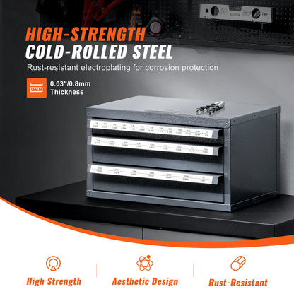 VEVOR Drill Bit Dispenser Cabinet Three-Drawer Drill Bit Organizer Cabinet Steel Drill Dispenser Organizer Cabinet Storage
