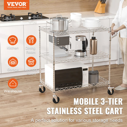 VEVOR Rolling Utility Cart 3-Tier Mobile Shelving Unit Organizer Service Cart on Wheels Metal Storage Trolley for Kitchen Bar