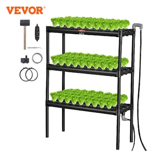 VEVOR Hydroponics Growing System 108 Sites 3 Layers Dark Grey PVC Pipes Hydroponic Grow Kit with Water Timer Baskets and Sponges