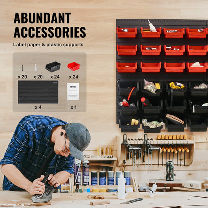VEVOR 48pcs Parts Storage Bins Wall Mounted Garage Containers with Wall Panels Tool Organizer for Nuts Bolts Screws Nails