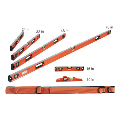 VEVOR Magnetic Torpedo Level 48/24/16/10 in Mechanical Level Set Bubble Vials Ruler for 45/90/180 Degree Aluminum Alloy Leveler
