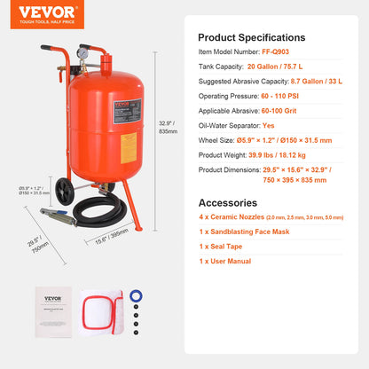 VEVOR 5/10/20 Gallon Sand Blaster 60-110 PSI Portable Air Sandblaster Kit with Oil-Water Separator for Paint Stain Rust Removal