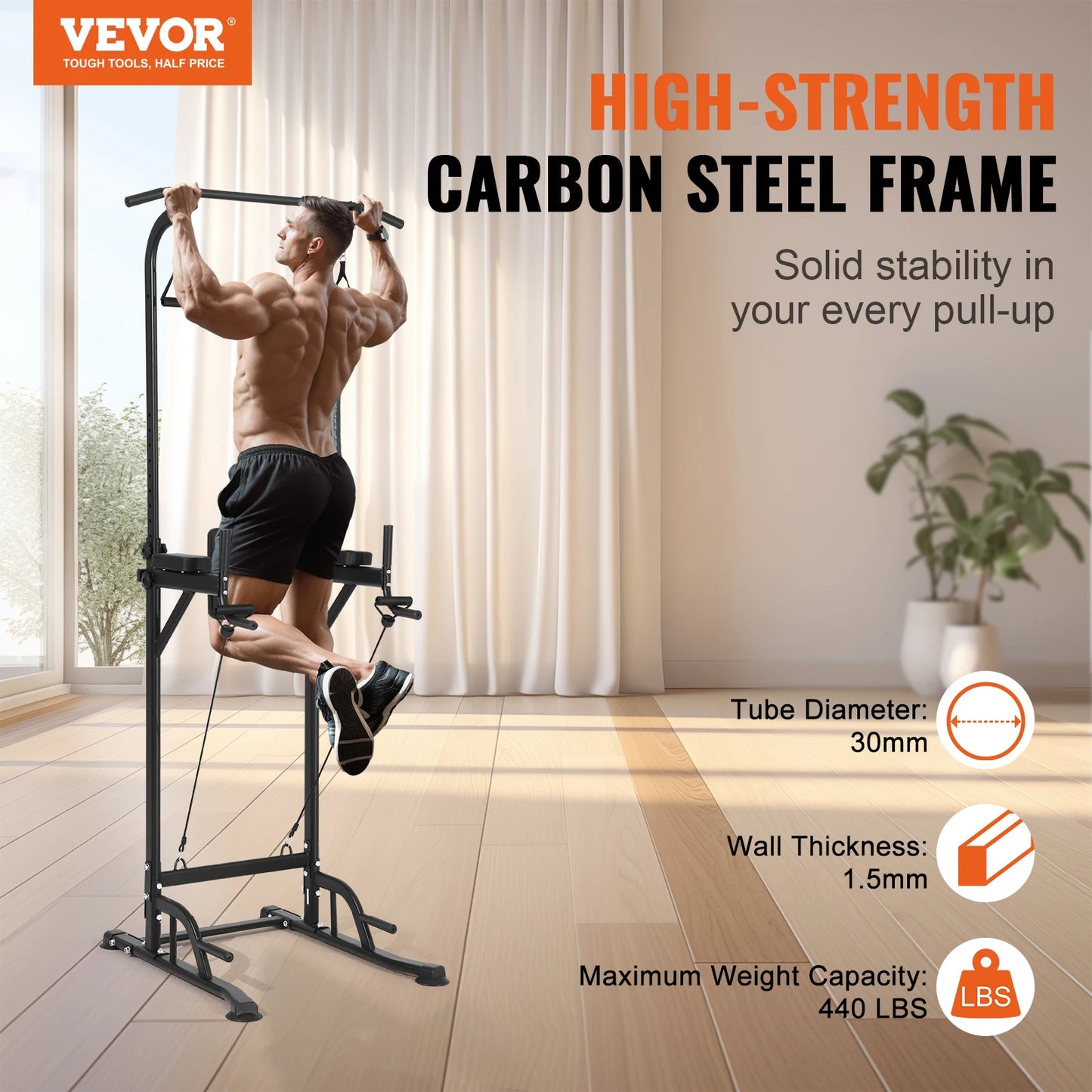 VEVOR 440LBS Power Tower Dip Station 10-Level Height Adjustable Pull Up Bar Stand Multi-Function Home Gym Strength Training
