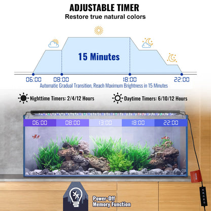 VEVOR Aquarium Light 26W Full Spectrum Fish Tank Light w/ Adjustable Brightness&Timer Power-Off Memory for Freshwater Fish Tank