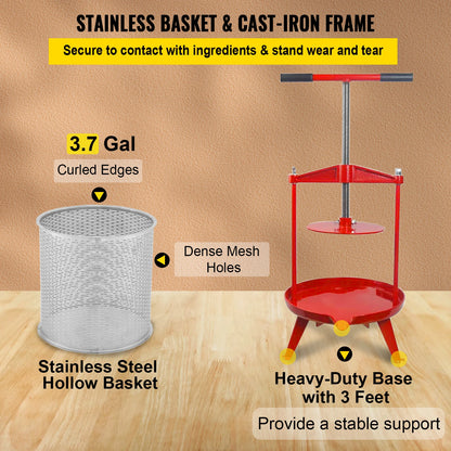 VEVOR Fruit Wine Press 3.7Gal/14L Cast Iron Manual Grape Presser for Wine Making Cider Tincture Vegetables Honey Olive Oil Press