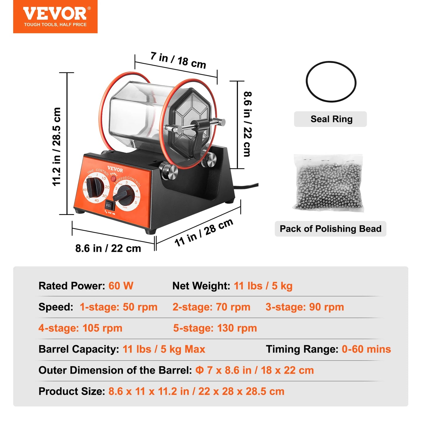 VEVOR 3kg 5kg Rotary Tumbler Surface Polisher Jewelry Drum Polishing Machine Gem DIY Mini-Tumbler Finishing Tools