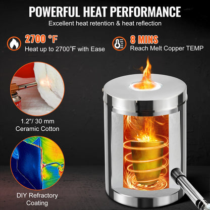 VEVOR 6KG 12KG Metal Melting Furnace Large Capacity Foundry Home Kilns Blacksmithing Forge w/Crucible & Tongs Stainless Steel