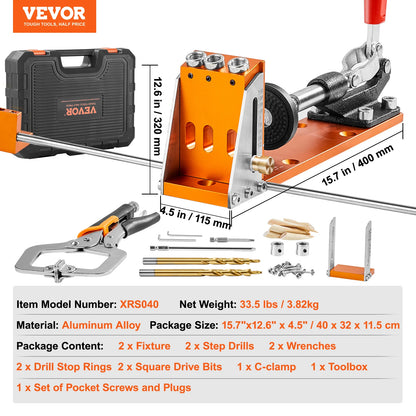 VEVOR 30 Pcs Pocket Hole Jig Kit Adjustable & Easy to Use Pocket Hole Jig System with Step Drills Wrenches Drill Stop Rings