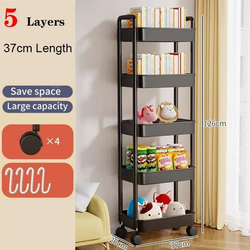 3/4/5 Tier Rolling Utility Cart with Hooks Book Storage Rack with Brakes Easy Assembly for Kitchen, Office, Bathroom