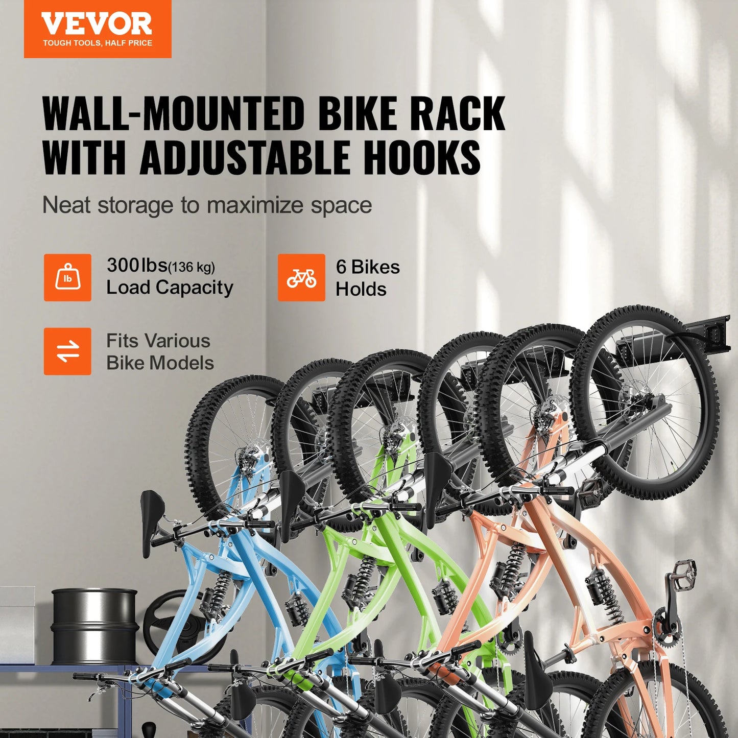 VEVOR Bicycle Wall Mount Rack 3/4/5pcs Rails Mtb Road Bike Storage Fixed Hanging Hook Holder Bike Support Stand for 6 Bikes
