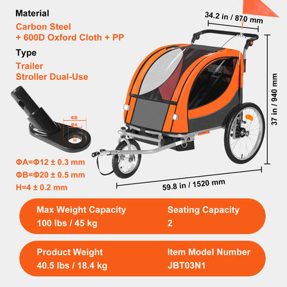 VEVOR 88/100 lbs Child Bike Trailer Double Seat Carrier Converts to Stroller Foldable Children Bicycle Trailer for Toddlers Kids