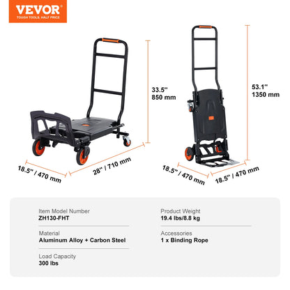 VEVOR 300 lbs Folding Hand Truck 2 in 1 Aluminum Lightweight Platform Cart Portable Telescopic Utility Dolly for Moving Shopping