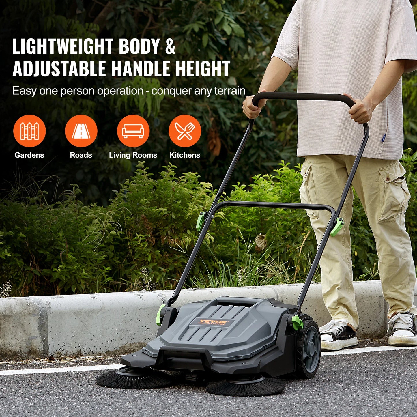 VEVOR Walk-behind Hand Push Floor Sweeper 25.6" Sweeping Width Floor Sweeper 5-Gallon Waste Container Angle & Height Adjustable