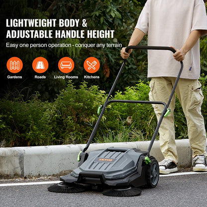 VEVOR Walk-behind Hand Push Floor Sweeper 25.6" Sweeping Width Floor Sweeper 5-Gallon Waste Container Angle & Height Adjustable