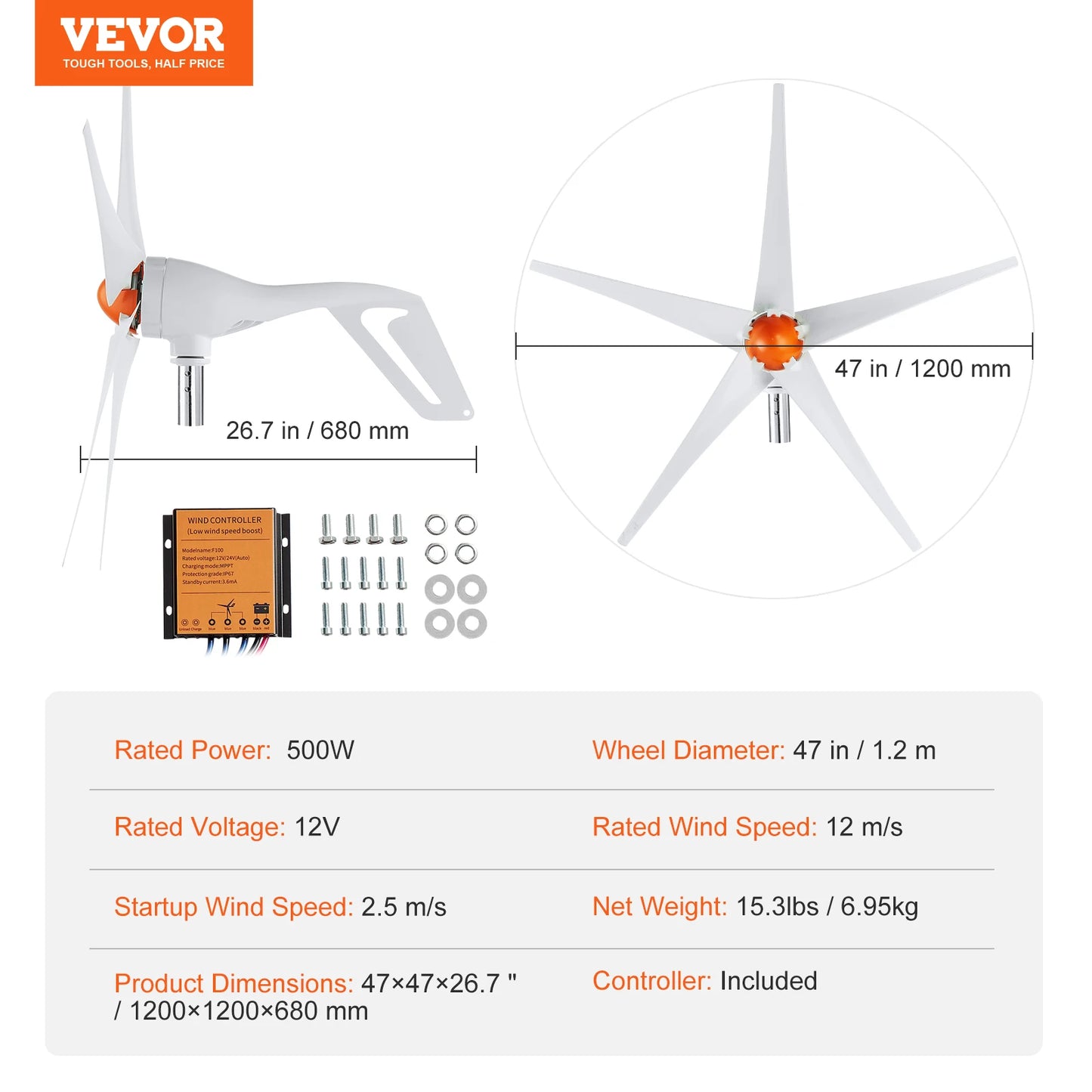 VEVOR Wind Turbine Generator 12V 500W/800W Wind Turbine Kit Wind Power Generator with MPPT Controller Suitable for Home Farm RVs