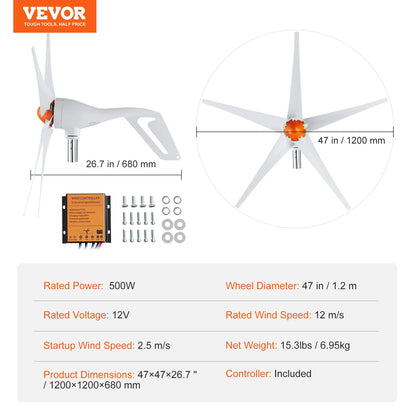 VEVOR Wind Turbine Generator 12V 500W/800W Wind Turbine Kit Wind Power Generator with MPPT Controller Suitable for Home Farm RVs