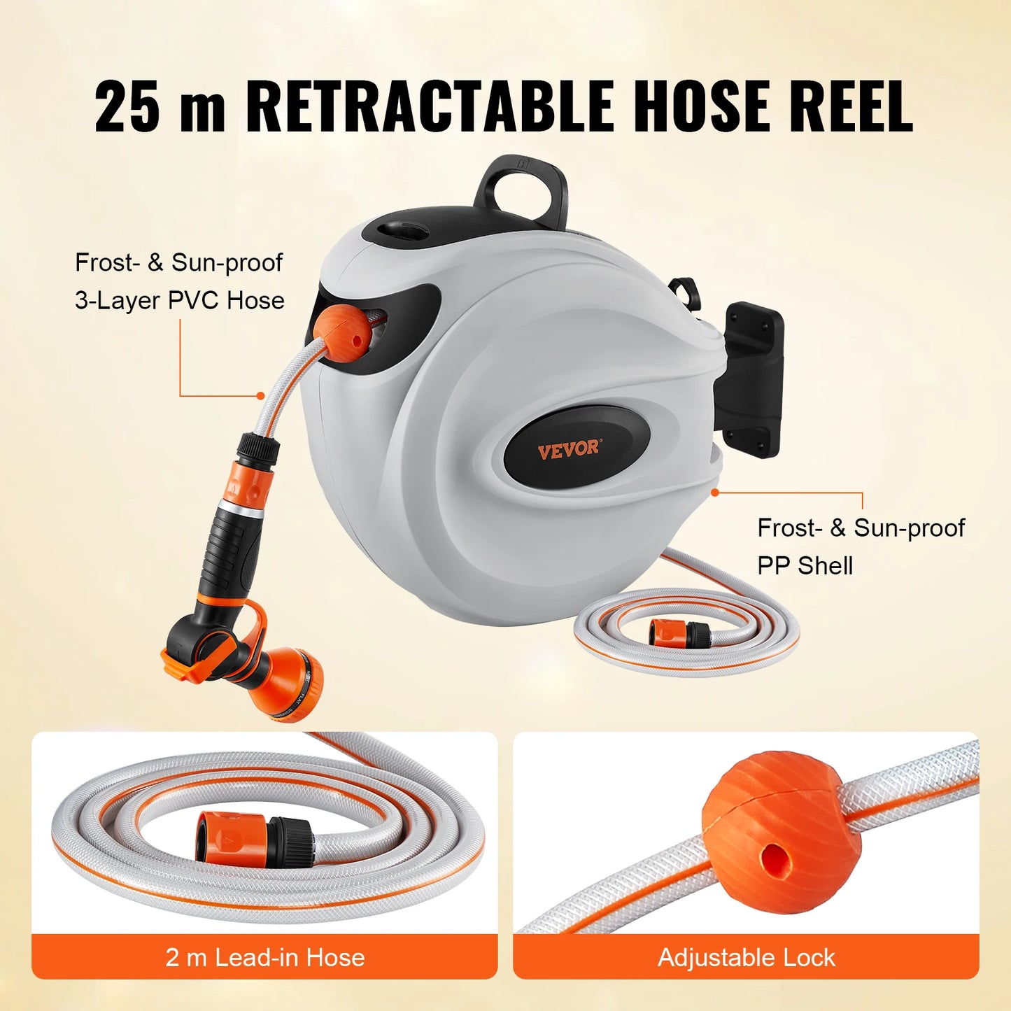 VEVOR Retractable Hose Reel 82 feet x 1/2 inch 180° Swivel Bracket Wall-Mounted Garden Water Hose Reel with 9-Pattern Nozzle