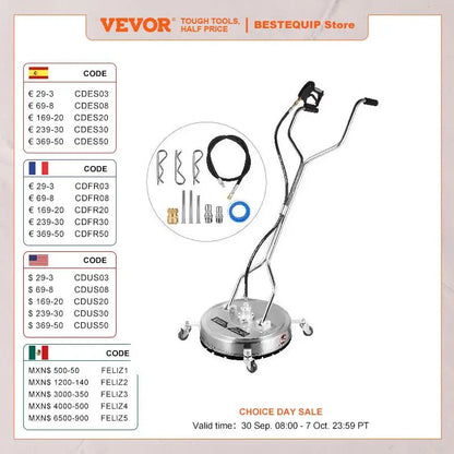 VEVOR 18-24 Inch Flat Surface Cleaner W/ 3 Nozzle Stainless Steel 4000PSI Pressure Washer Rotating Flat Surface Cleaning Machine