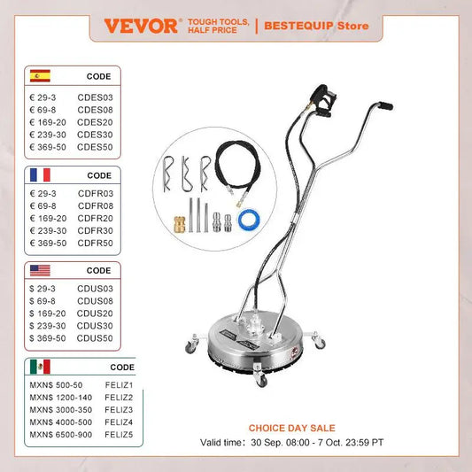 VEVOR 18-24 Inch Flat Surface Cleaner W/ 3 Nozzle Stainless Steel 4000PSI Pressure Washer Rotating Flat Surface Cleaning Machine