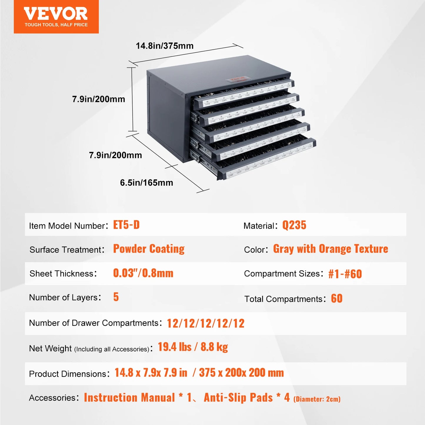 VEVOR Drill Bit Dispenser Cabinet Three-Drawer Drill Bit Organizer Cabinet Steel Drill Dispenser Organizer Cabinet Storage